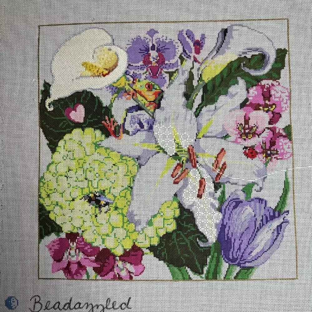 Sandra Gilmore/once in a blue moon Beadazzled
Handpainted 18M needlepoint canvas